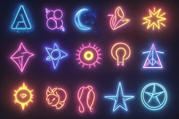 Neon Glowing Symbols Collection Abstract Art Design