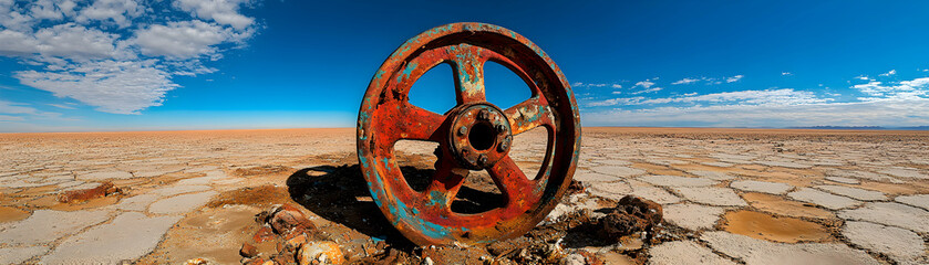 Rusty Wheel in Vast Desert Landscape under Blue Sky