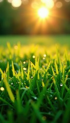 The dew-covered grass sparkles in the morning light, landscape, meadow, dawn