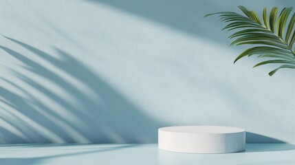 Minimalist white soap on a smooth light blue surface, soft shadows creating a serene atmosphere, perfect for skincare themes.