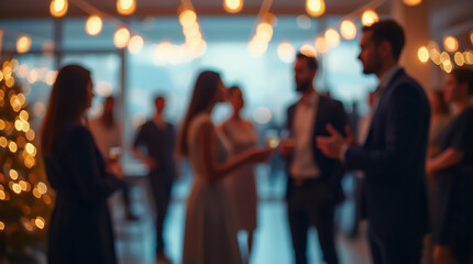 A blurred image of a group of people standing under string lights and enjoying the evening