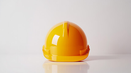 Fototapeta premium A bright yellow construction helmet on a clean white background, crisp details accentuate its smooth plastic surface.