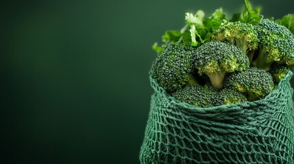 Fresh broccoli in a green mesh bag against a dark green background.