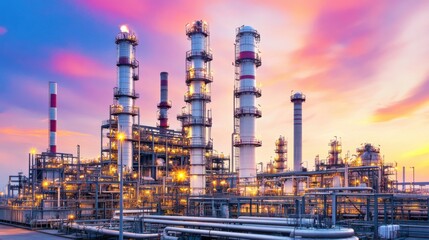Obraz premium Industrial Complex at Dusk Under Vibrant Sky with Tall Chimneys