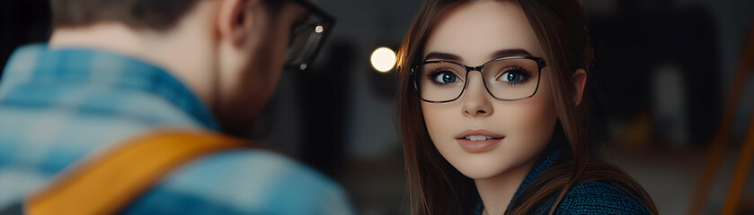 Woman with Glasses, Captivating Gaze, Soft Focus, Blue Eyes,  Brown Hair,  Stylish Sweater, Intriguing Glance, Evening Ambiance
