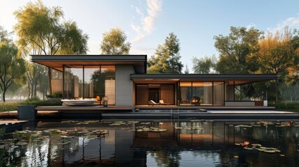 Obraz premium Beautiful contemporary villa design with modern features and lush landscaping creating a serene environment