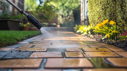 Cleaning backyard paving tiles pathway with high pressure washer cleaner.