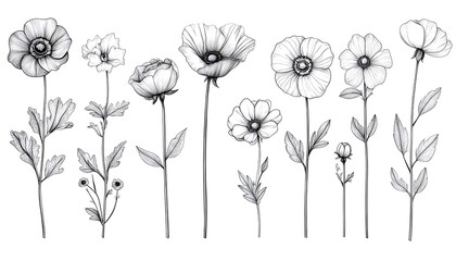 Monochrome pencil sketch of various flowers.