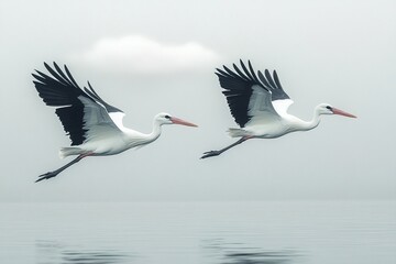 Fototapeta premium Storks Soaring Over a Serene Lake with Cloudy Skies