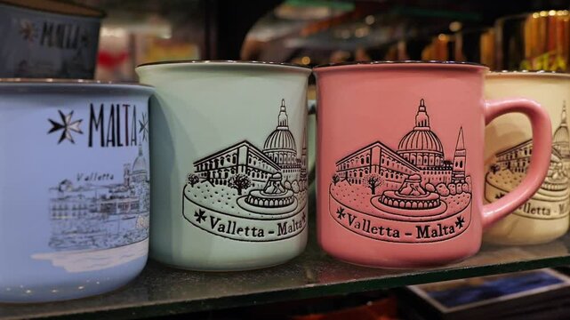 Close-up of Malta souvenir mugs featuring Valletta landmarks, including St. Paul&rsquo;s Cathedral and the Triton Fountain. The colorful ceramic cups are displayed on a shelf in a local gift shop.