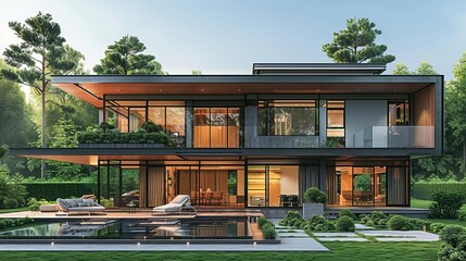 Fototapeta premium Stunning modern house design featuring a sparkling pool set against a beautiful urban landscape and clear sky