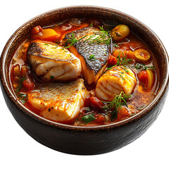 A Bowl of French Bouillabaisse Rich Fish Stew with Tomatoes and Potatoes Isolated on Transparent Background