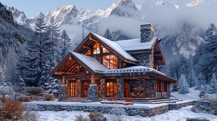Picturesque rustic mountain cabin design surrounded by snowy peaks creating a cozy winter retreat in nature