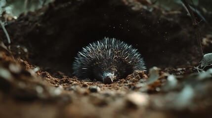 Obraz premium Ground level shot of echidna emerging burrow dirt covered snout highlighted against soft natural lighting shallow depth of field emphasizes rugged texture of soil creating raw authentic wildlife