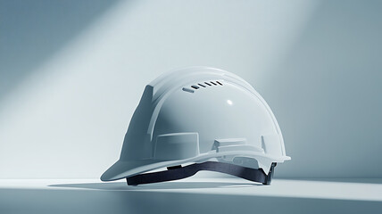Fototapeta premium Minimalistic image of a modern white work helmet with adjustable chin strap on a seamless white surface, soft shadows adding depth.
