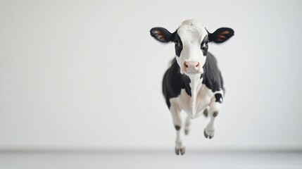 Playful calf exploring, black and white dairy calf standing on clean floor in bright environment, perfect for farm-themed design.