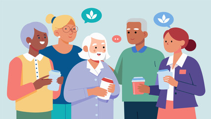 A group of seniors engaging in a lively discussion with a pharmacist about potential drug interactions and side effects.. Vector illustration