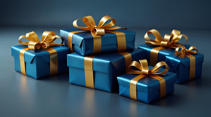 gift boxes, blue and gold, elegant presents, shiny ribbons, festive celebration, luxurious wrapping, multiple packages, dark background