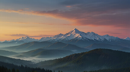 A serene landscape photograph of a mountain range at sunset, with the sun casting a warm orange glow on the peaks