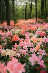 Obraz premium Field of colorful azalea flowers blooming in a green forest. Focus on pink petals, forest background. Spring floral nature scene.