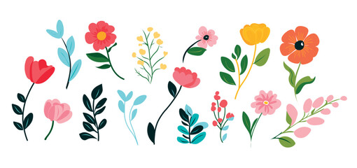 Collection of spring colorful flower elements vector. Set floral of wildflower, leaf branch, foliage on white background. Hand drawn blossom illustration for decor, easter, sticker, clipart, print.