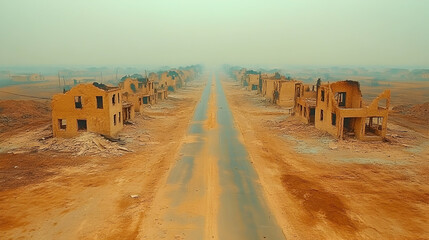 Desolate town, ruined buildings, empty road