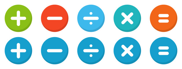 Set of math vector icons in different color isolated. Plus, minus, multiply, divide and equal sign symbol. Set of mathematical icons with shadow. Calculator math icons. Vector illustration.