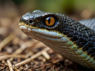Fototapeta premium A Mesmerizing Snakes Gaze, Its Amber Eye Gleaming With Ancient Wisdom Amidst A Bed Of Earthy Tones And Blurred Natural Background