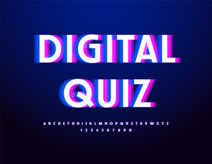 Vector Techno style emblem Digital Quiz. Electric style Font. Glitched Alphabet Letters and Numbers set