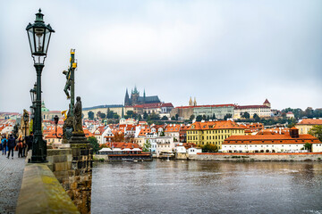 Obraz premium Amazing Panoramic View Of Charles Bridge And The Historical Center Of Prague, Main Sights Of The City