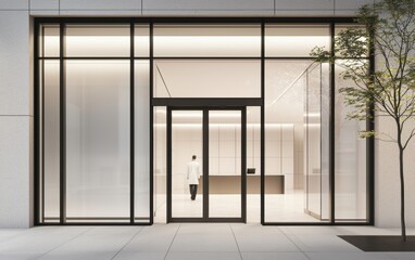 Professional healthcare facility entrance with large glass doors, sleek architecture, and doctors heading inside, captured in a warm, natural lighting ambiance