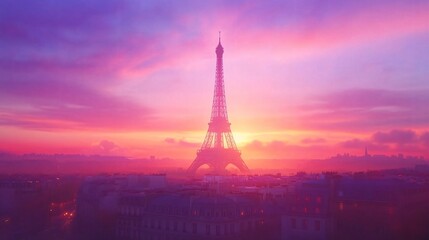 Naklejka premium Vibrant sunset over iconic tower, colorful hues illuminating the skyline, dreamy atmosphere perfect for inspirational text.