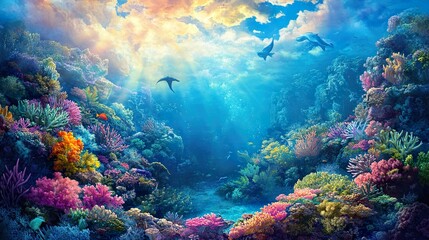 Naklejka premium Stunning Underwater Landscape Featuring Coral and Sun Rays