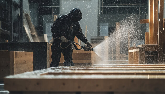 A worker applies resin spray on wooden planks in a workshop, enhancing durability and finish under controlled conditions