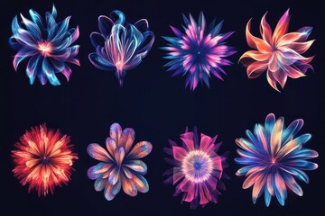Eight vibrant neon flowers artistically arranged in pairs
