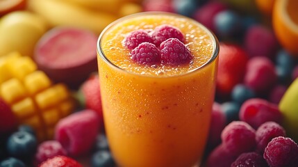 Delicious fruit smoothie with fresh raspberries: A healthy and colorful blend of natural ingredients in a glass.