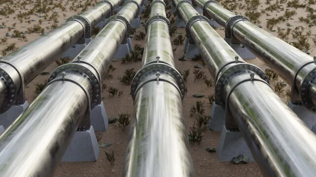 Close-up view of multiple industrial pipelines transporting oil or gas through a dry, rugged landscape.