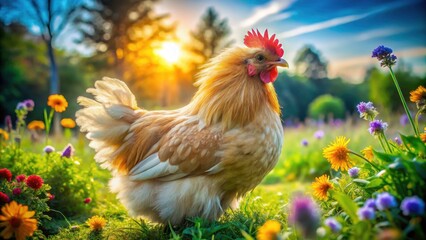 Fototapeta premium Bantam Chicken Petting Zoo Landscape Photography: Fluffy Brahma Chicken in Sunny Farm Setting