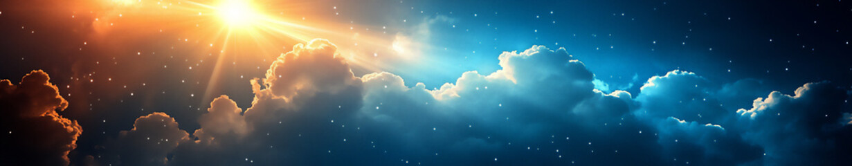 abstract background of blue sky with white clouds and sun rays,