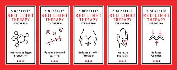 Photobiomodulation benefits banners with pictograms in line style.