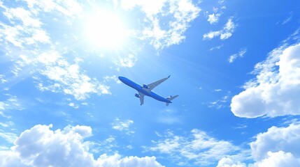 Fototapeta premium Airplane soaring through a vibrant blue sky filled with fluffy white clouds. Sunlight shines brightly