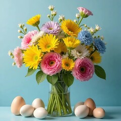 bouquet of flowers and easter eggs