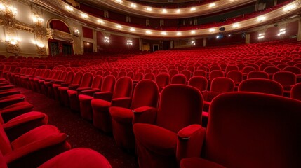 Elegant theater interior, plush red seating in a grand hall, perfect for performances and events, inviting ambiance.