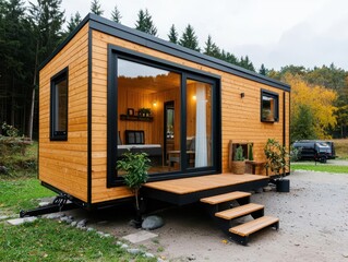 Earthfriendly tiny house with minimalist natural wood facade, composting system, and offgrid energy, Sustainable Architecture Minimalist, tiny green living