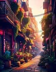 Naklejka premium A beautifully detailed digital painting of a sunlit alleyway adorned with lush greenery, traditional architecture, and an inviting, peaceful atmosphere.