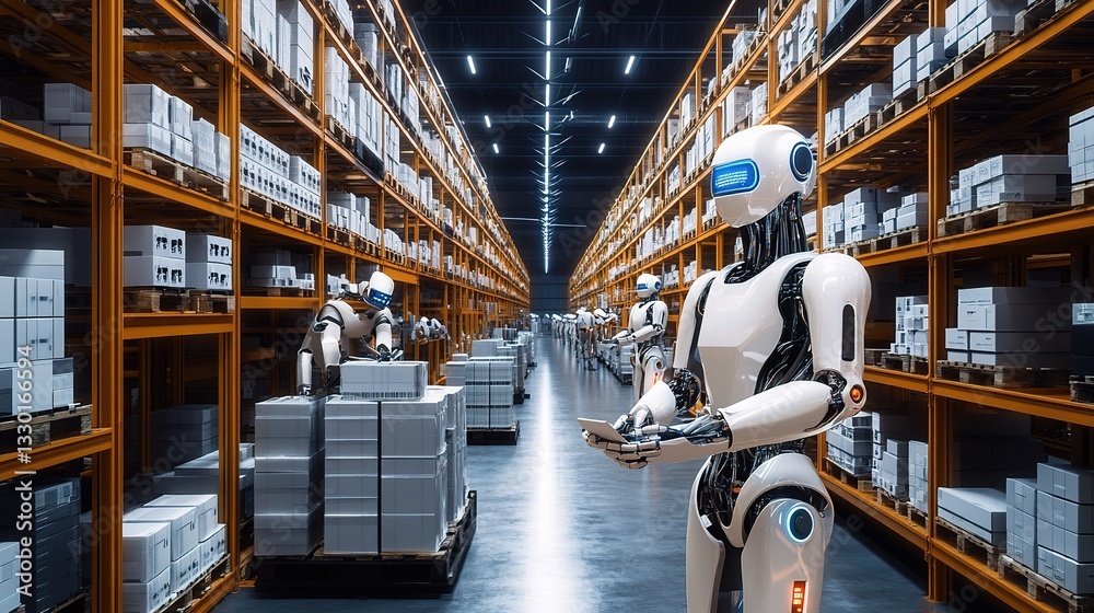 Poster smart robots sorting packages in an automated warehouse environment