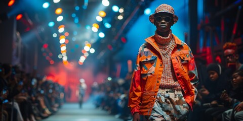 Obraz premium A model walks the runway in a bold, urban outfit featuring a vibrant orange jacket, patterned knitwear, and camo pants