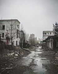 A haunting image of an abandoned urban area, featuring crumbling buildings and a desolate, muddy pathway. The scene is shrouded in mist, enhancing the eerie, post-apocalyptic atmosphere.