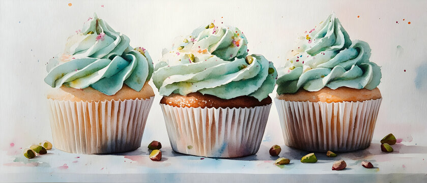 Three mint cupcakes, pistachio sprinkles