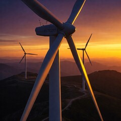 Closeup Wind Turbines on a Mountain Top at Sunset